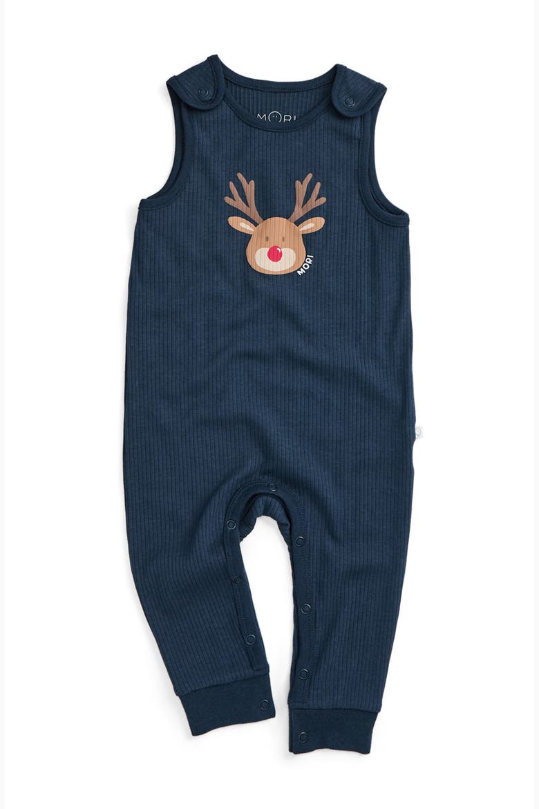 Ribbed Reindeer Romper, Main, color, Navy & Reindeer