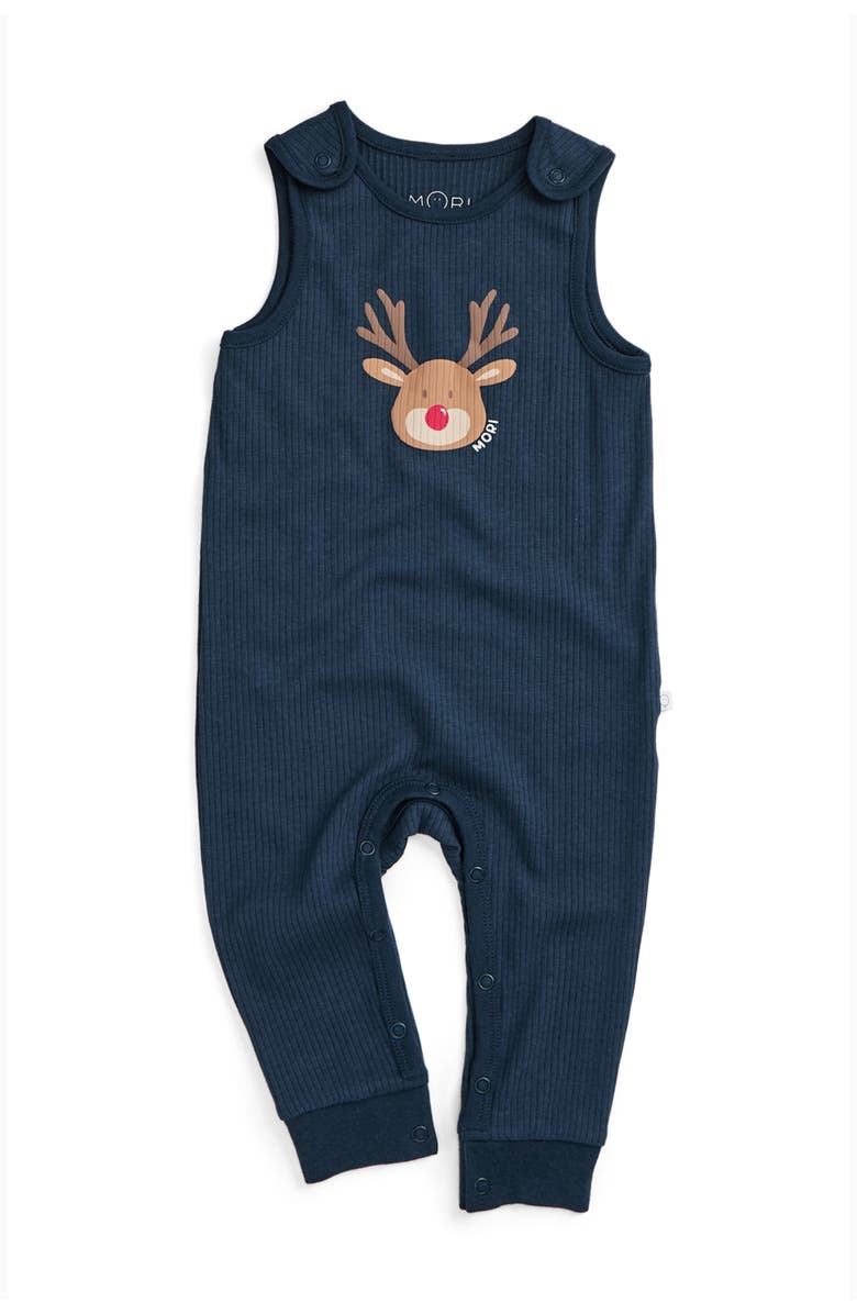 MORI Ribbed Reindeer Romper, Main, color, Navy & Reindeer