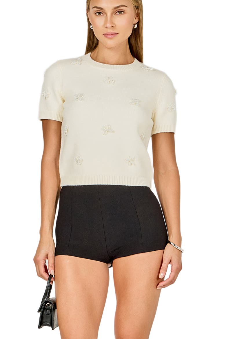 Faux Pearl Trim Short Sleeve Sweater, Alternate, color, CREAM
