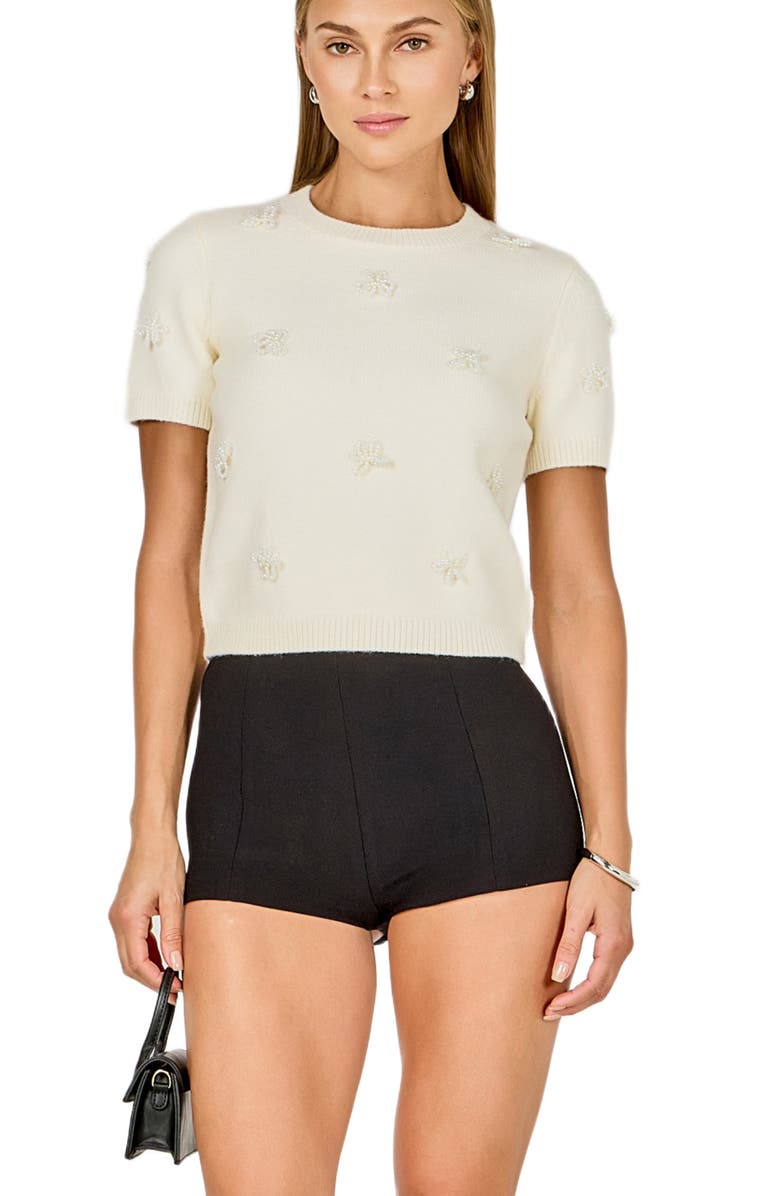 Endless Rose Faux Pearl Trim Short Sleeve Sweater, Alternate, color, Cream