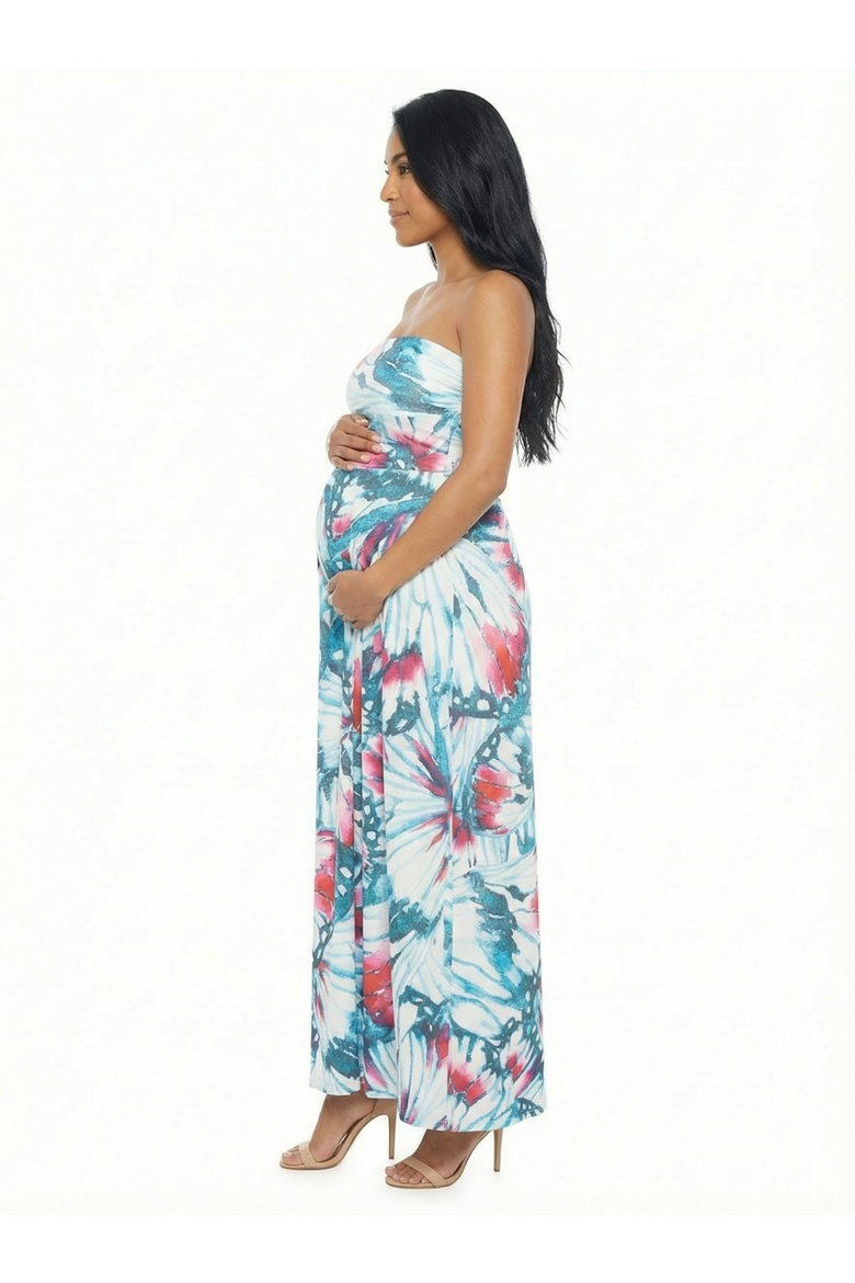 Maternity Butterfly A-Line Strapless Pocket Maxi Dress, Alternate, color, Blue Multi