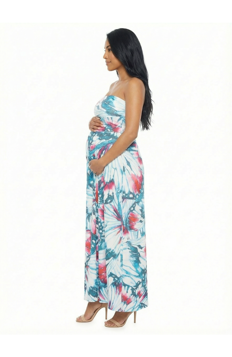 24seven Comfort Apparel Maternity Butterfly A-Line Strapless Pocket Maxi Dress, Alternate, color, Blue Multi