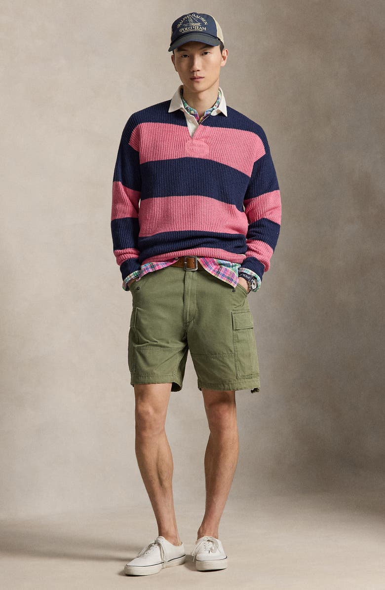 Polo Ralph Lauren Stripe Linen & Cotton Rugby Sweater, Alternate, color, Navy Pink Combo