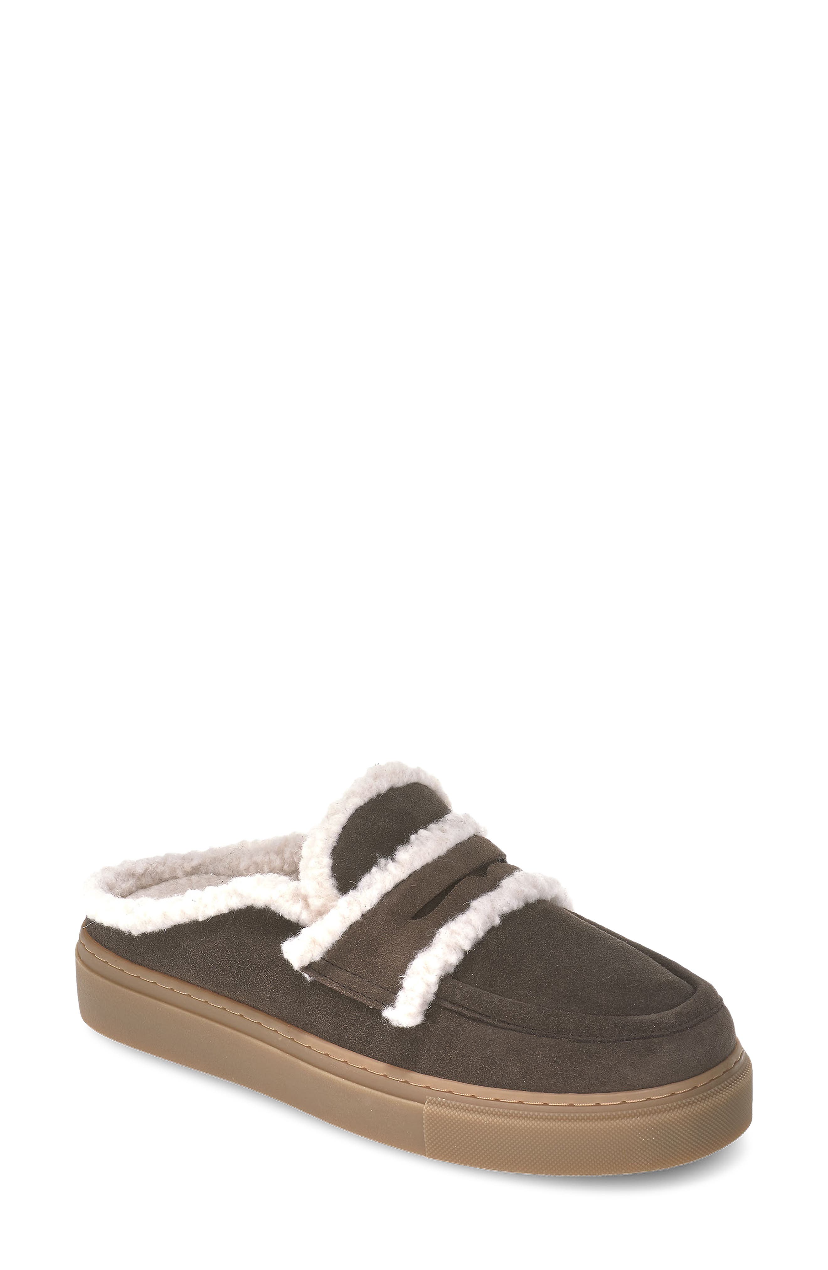 Wool Trim Leather Mule, Main, color, DARK BROWN
