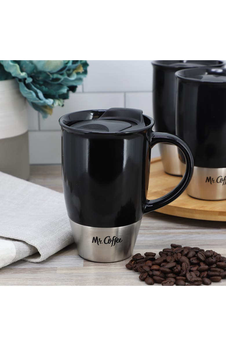 Mr. Coffee Coupleton 4 Piece 15 Ounce Stoneware Travel Mug Set with Lid, Alternate, color, Black