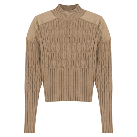 Dolman Cable Knit Leather Shoulder Sweater