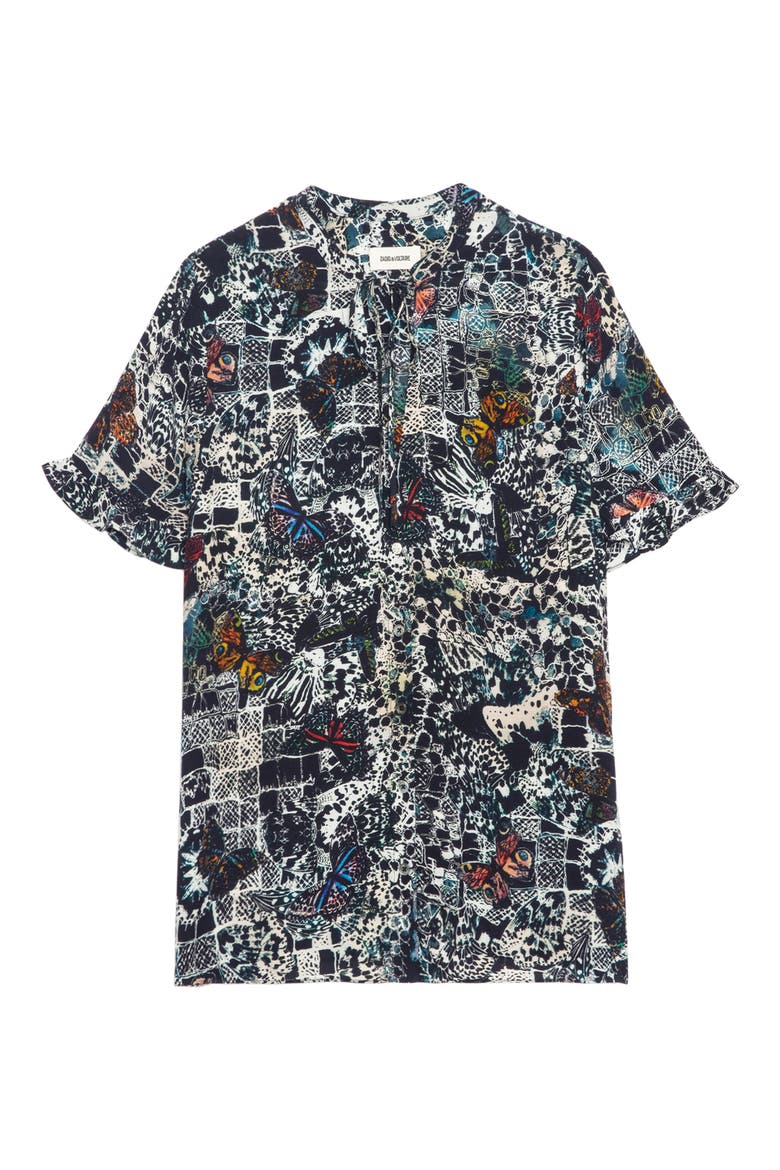 Tafiz Butterfly Print Tie Neck Button-Up Shirt, Alternate, color, ENCRE