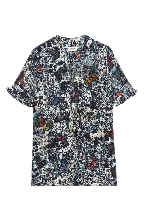 Shop Zadig & Voltaire Tafiz Butterfly Print Tie Neck Button-up Shirt In Encre