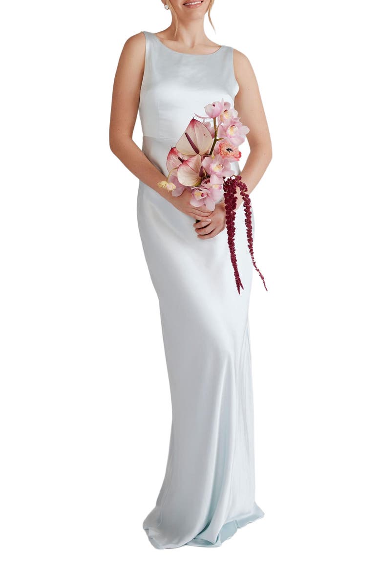 Cowl Back Satin Bridesmaid Dress, Alternate, color, Ice Blue