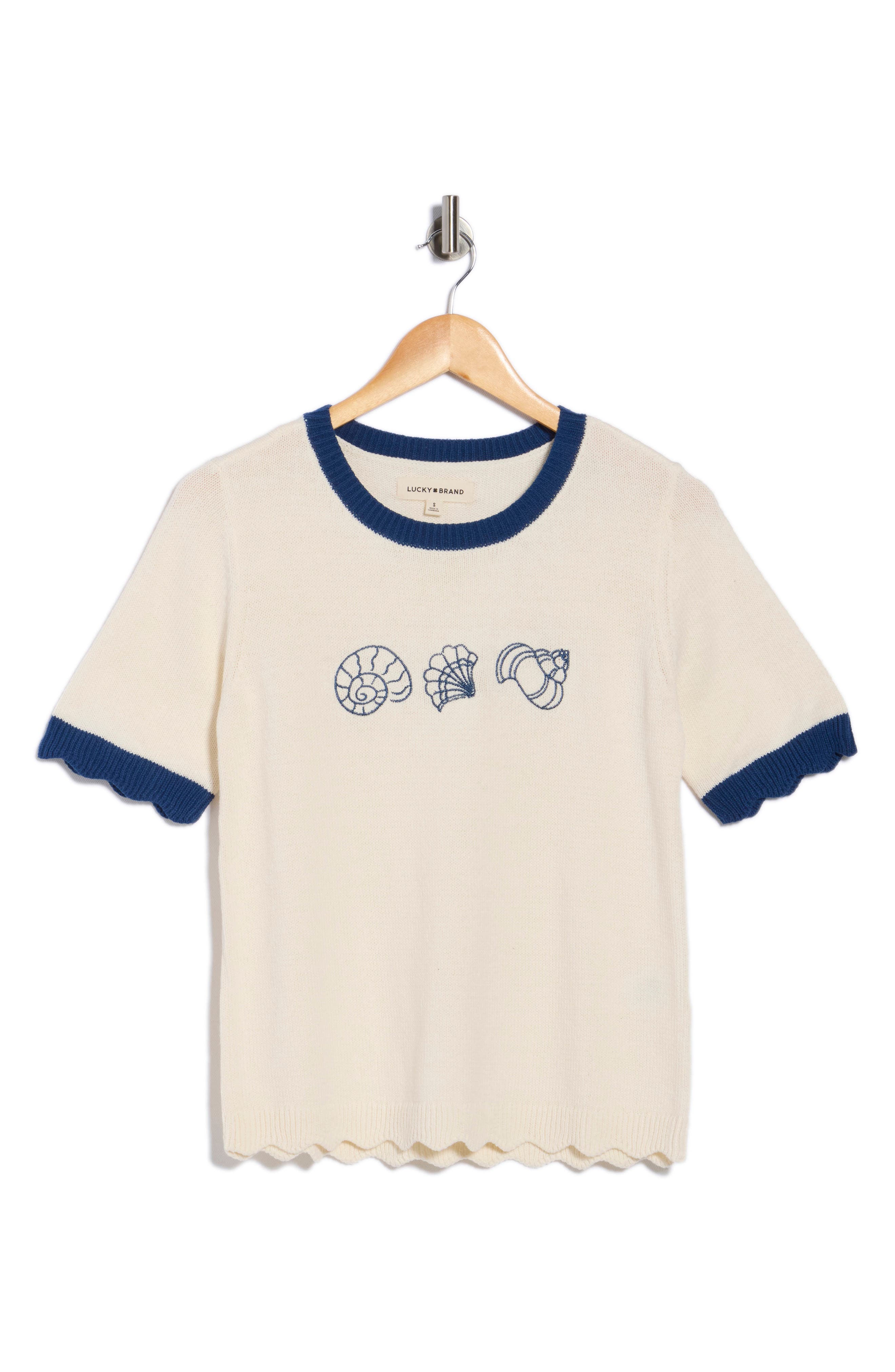 Lucky Brand Shell Embroidered Short Sleeve Cotton Blend Sweater