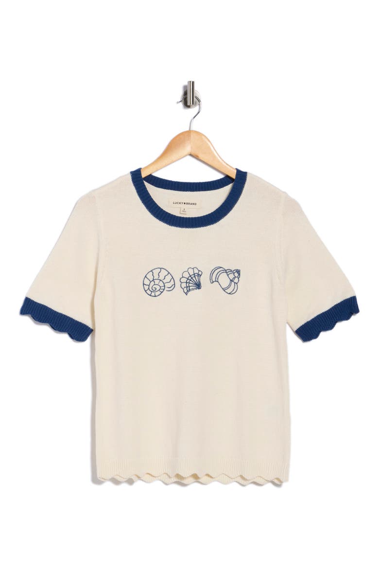 Shell Embroidered Short Sleeve Cotton Blend Sweater, Alternate, color, GARDENIA