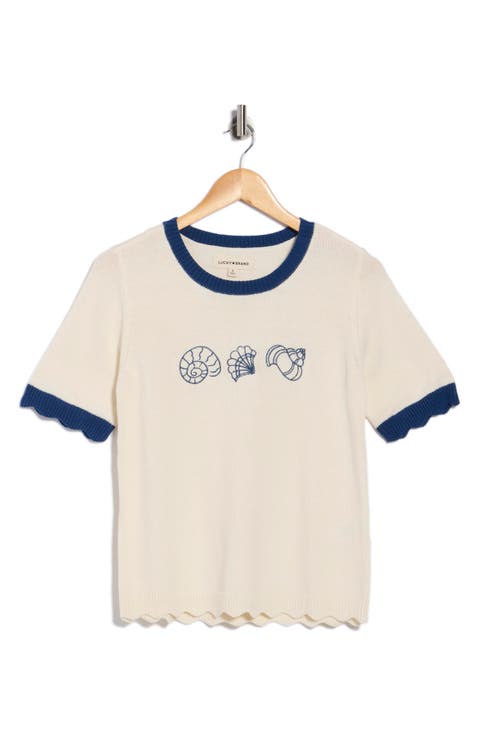 Shell Embroidered Short Sleeve Cotton Blend Sweater