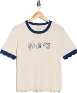 Lucky Brand Shell Embroidered Short Sleeve Cotton Blend Sweater