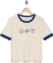 Lucky Brand Shell Embroidered Short Sleeve Cotton Blend Sweater