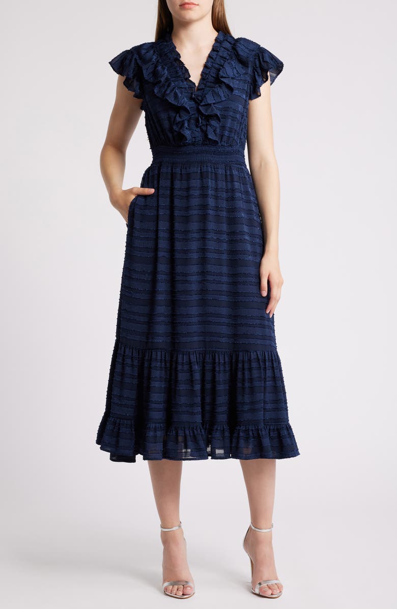 Chelsea28 Ruffle Detail Textured Stripe Dress, Main, color, Navy Blazer