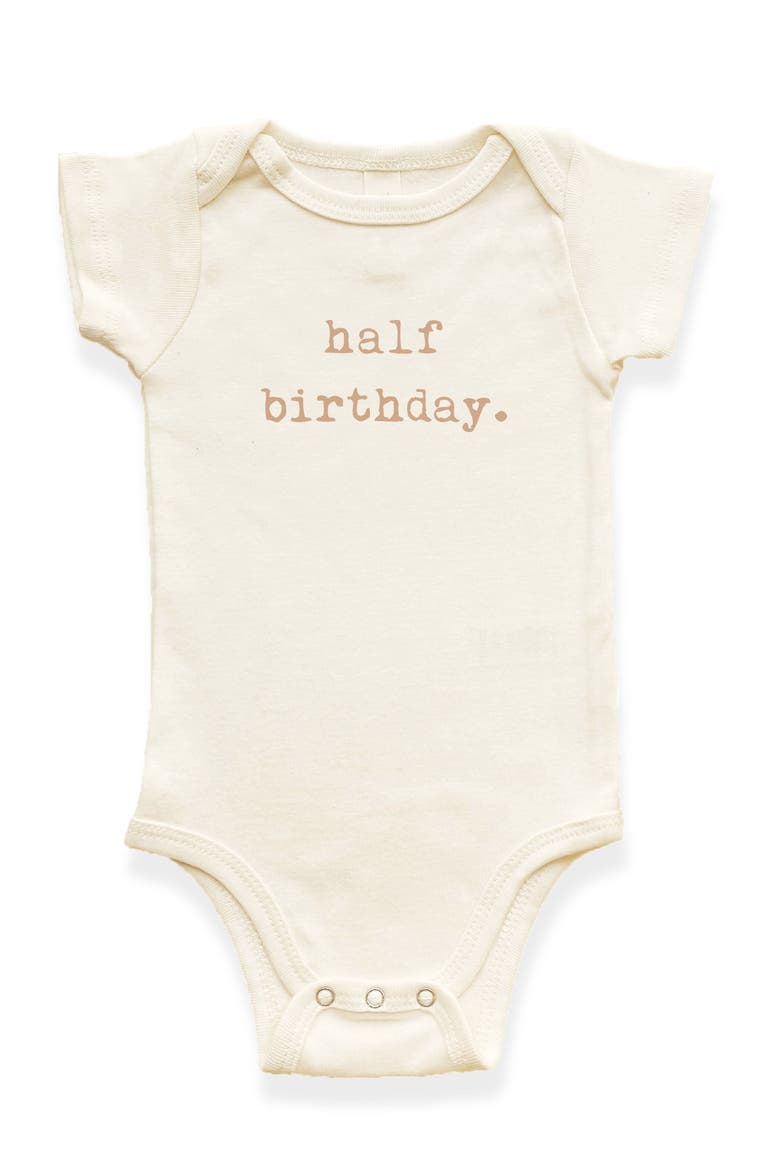 Half Birthday Organic Baby Bodysuit, Main, color, Natural Clay Lettering