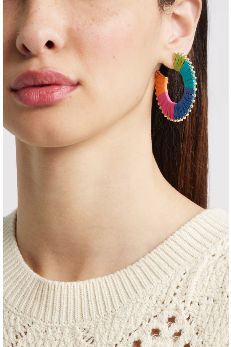 Raffia Wrapped Flat Hoop Earrings, Alternate, color, BRIGHT MULTI- GOLD