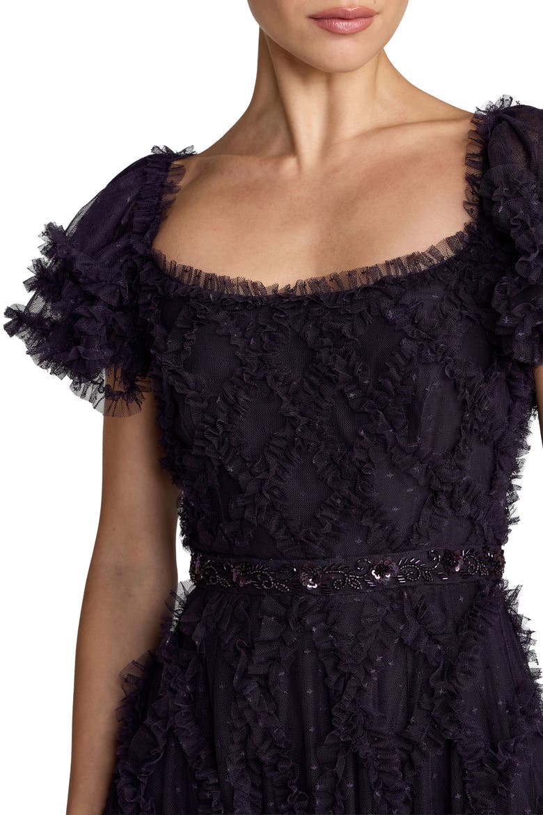 Mesh Short Sleeve Scoop Neck Ruffle Tiered A Line Dress, Alternate, color, Midnight