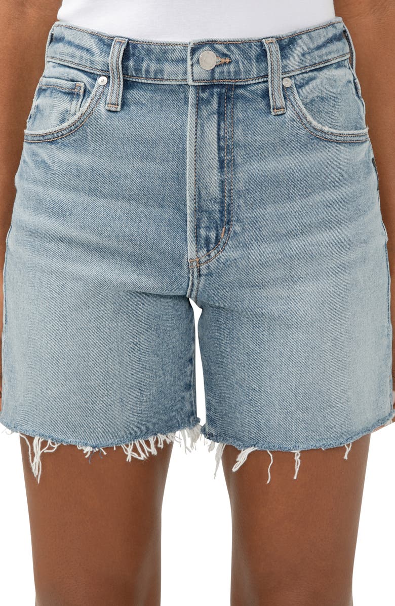 Silver Jeans Co. Highly Desirable Raw Hem High Waist Long Denim Shorts, Alternate, color, Indigo