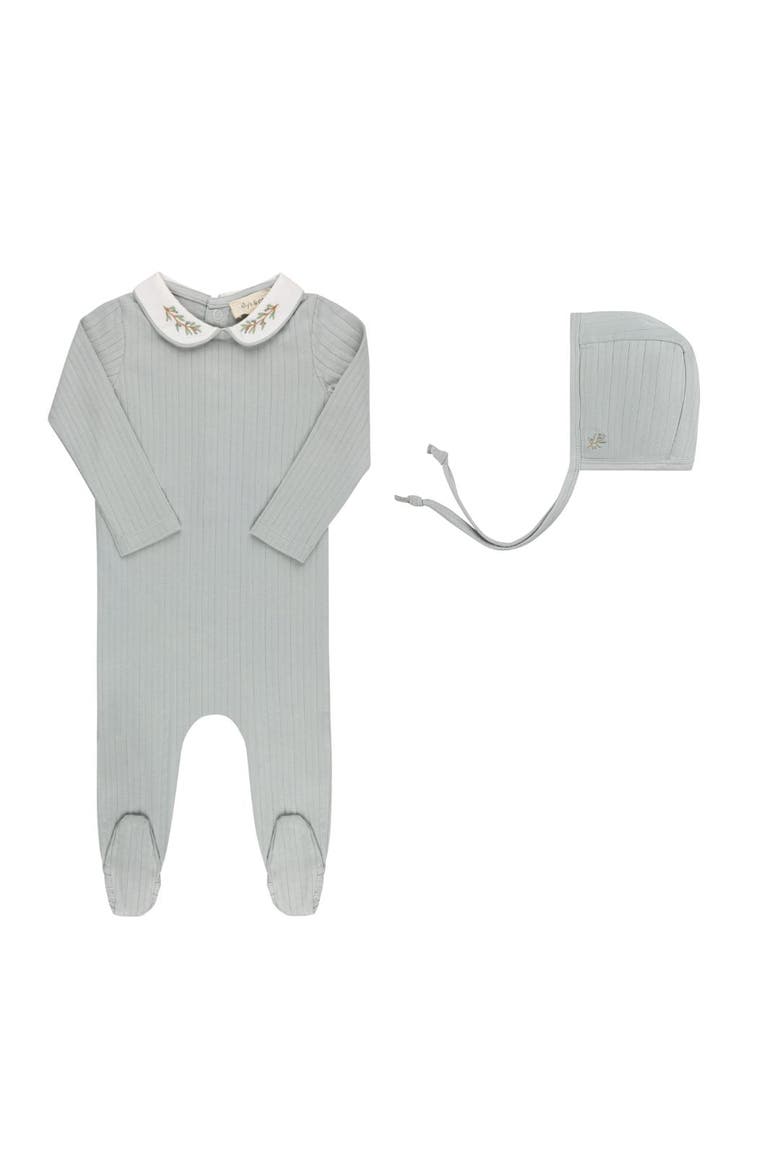 Organic Wide Rib Embroidered Scallop Collar Collection - Footie + Bonnet, Main, color, Blue