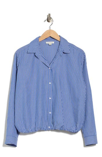 Beachlunchlounge Marin Stripe Cotton Crop Bubble Hem Shirt In Rotal Night
