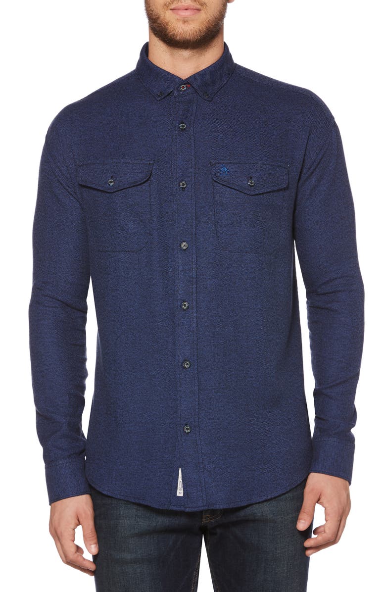 Original Penguin Jaspé Stretch Flannel Sport Shirt, Main, color, 