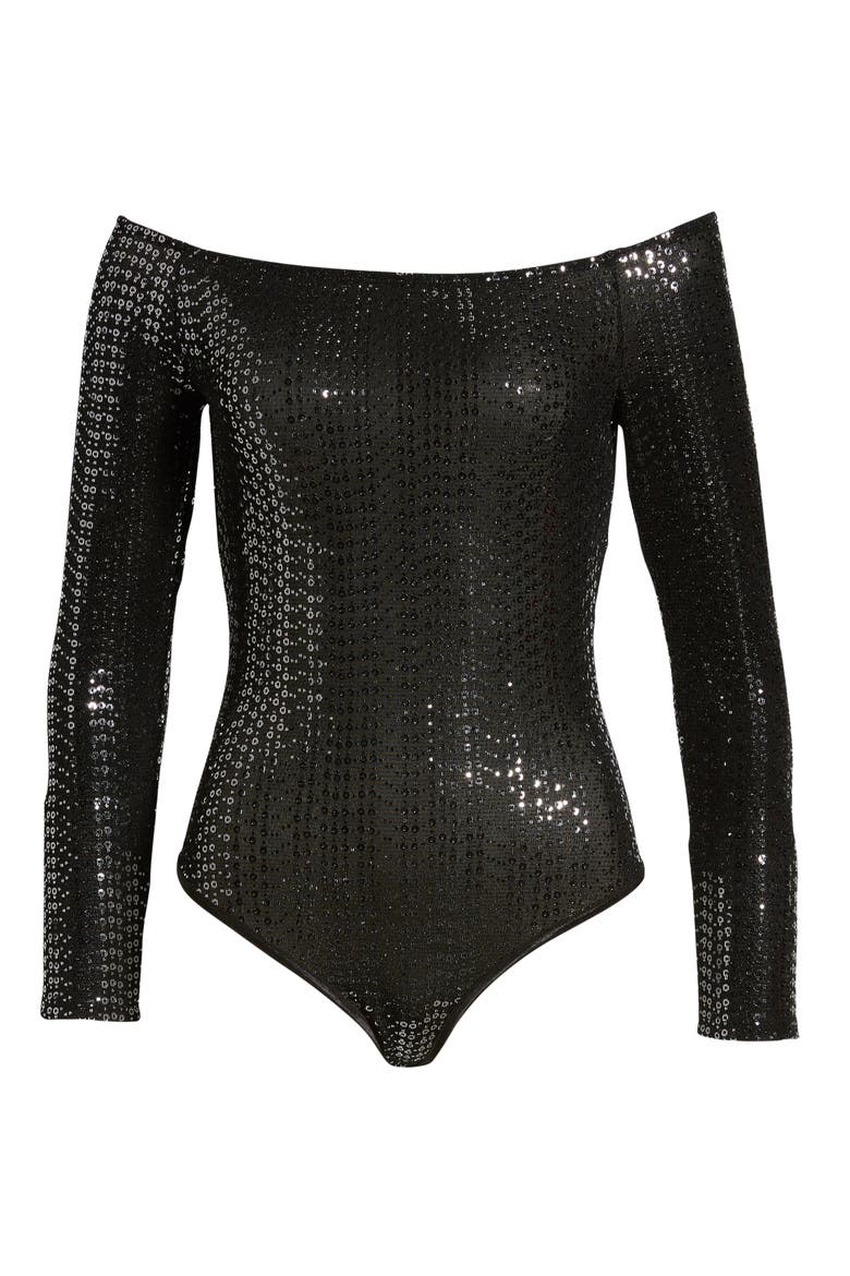 Off the Shoulder Sequin Bodysuit, Alternate, color, BLACK