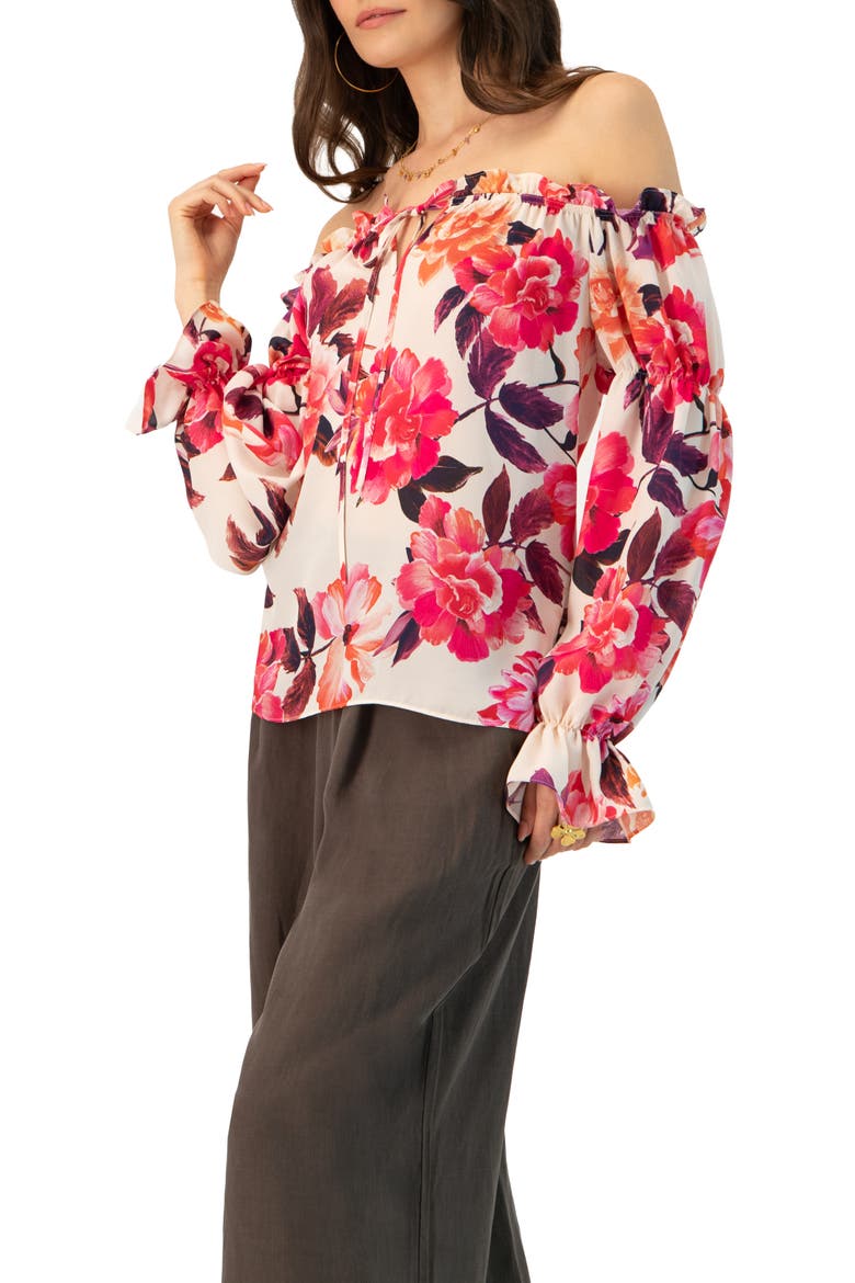 Off-Shoulder Long Sleeve Printed Blouse, Alternate, color, Ivory