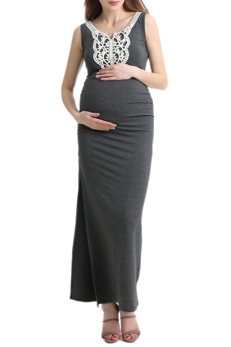 Bethany Crochet Trim Maternity Maxi Dress, Main, color, DARK HEATHER GREY