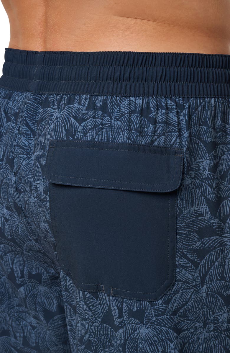 TravisMathew Tidal Whisper Palm Tree Print Swim Trunks, Alternate, color, Total Eclipse