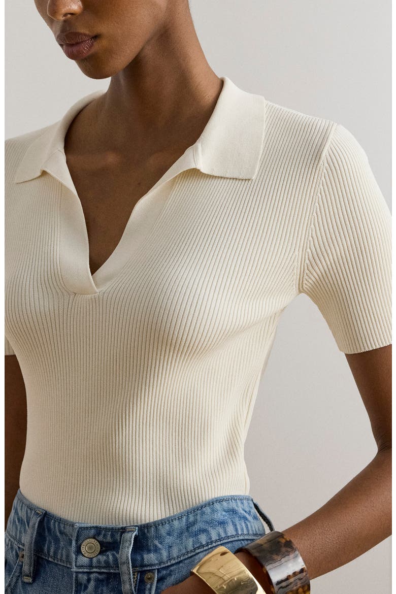 Rib Knit Polo Sweater, Alternate, color, MASCARPONE CREAM