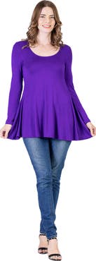 24seven Comfort Apparel Long Sleeve Solid Color Swing Style Flared Tunic Top