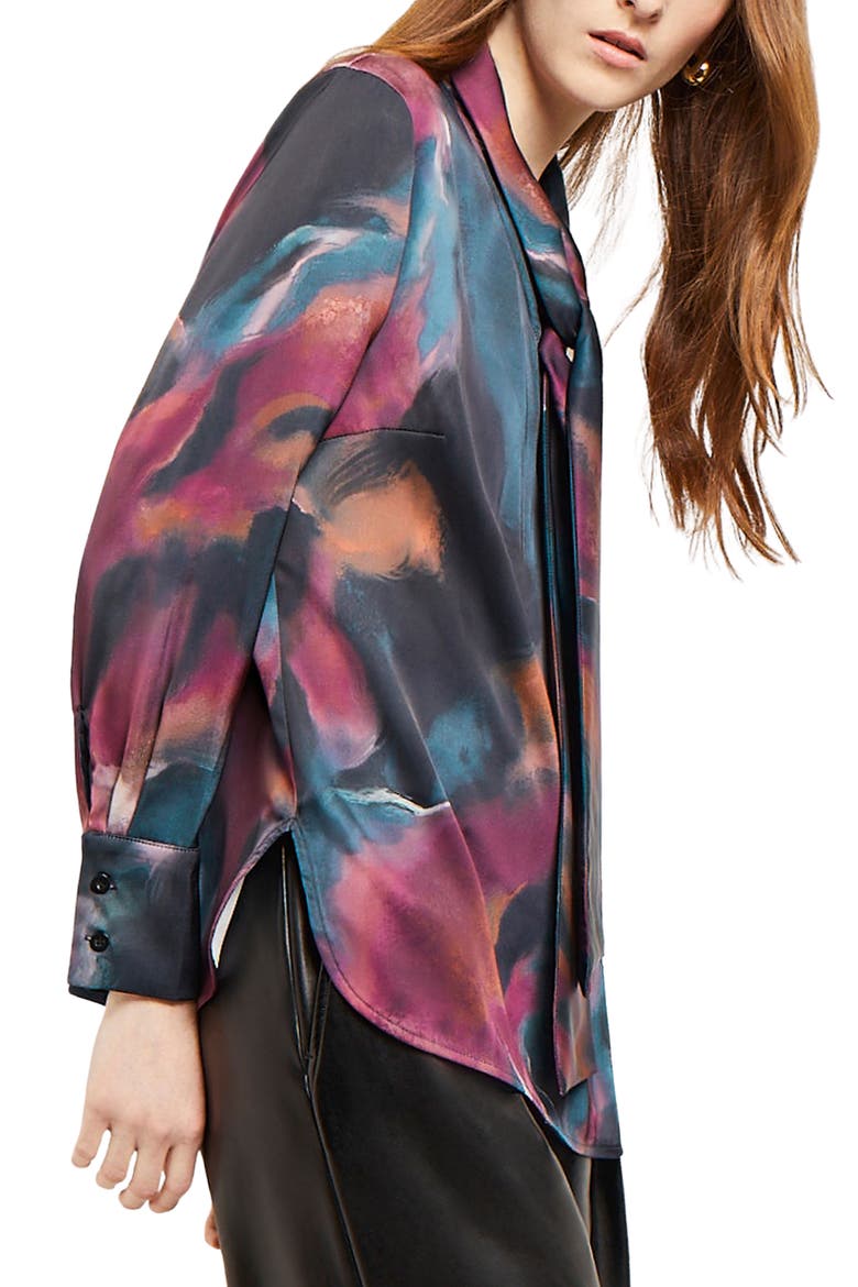 Tie Neck Crêpe de Chine Blouse, Alternate, color, MARINE TEAL/AFRICAN VIOLET