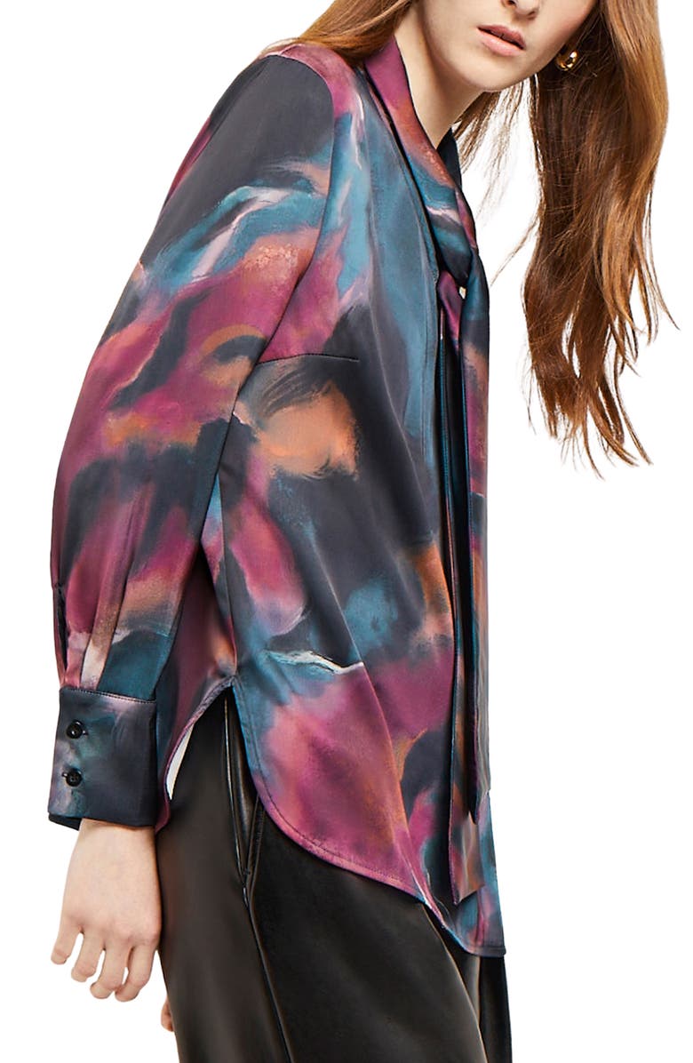 Misook Tie Neck Crêpe de Chine Blouse, Alternate, color, Marine Teal/African Violet