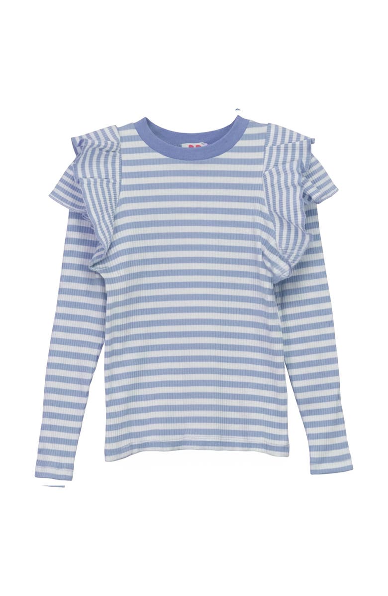 Pinky Promise Striped Rib Ruffle Shoulder Stretch T Shirt, Main, color, Blue