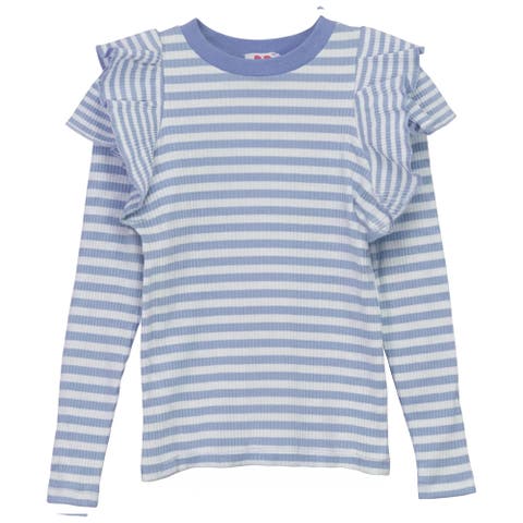 Striped Rib Ruffle Shoulder Stretch T Shirt (Little Kid & Big Kid)