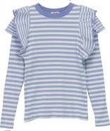 Pinky Promise Striped Rib Ruffle Shoulder Stretch T Shirt