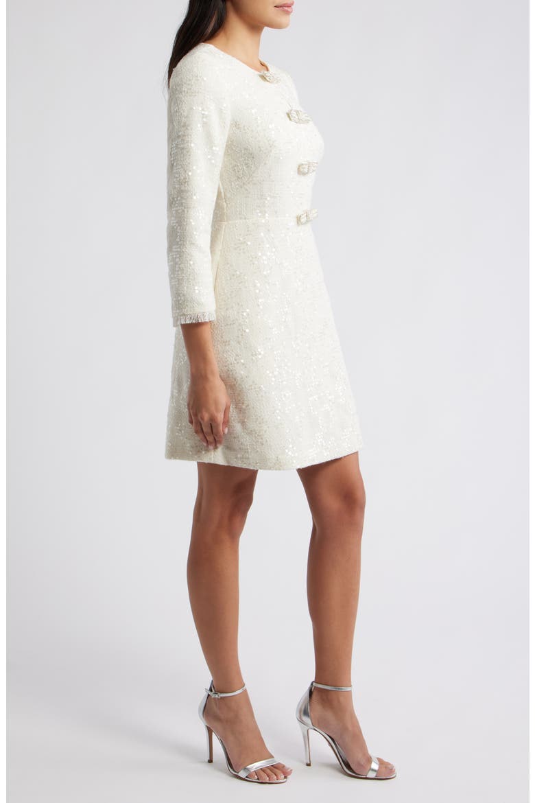 Bow Detail Sequin Tweed Sheath Dress, Alternate, color, IVORY