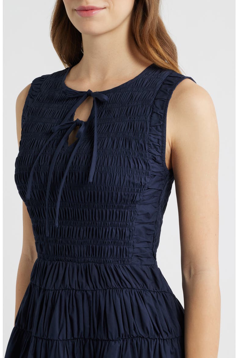 Tie Front Smock Waist Midi Dress, Alternate, color, NAVY