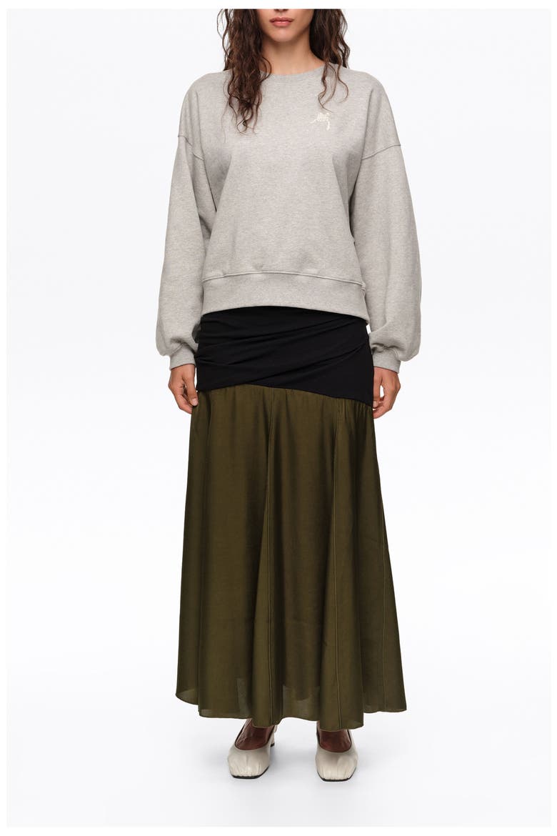 Mixed-Fabric A-Line Midi Skirt, Main, color, BLACK