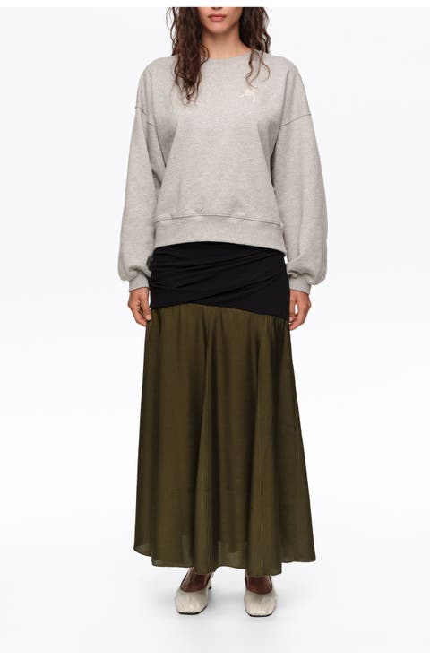 Mixed-Fabric A-Line Midi Skirt