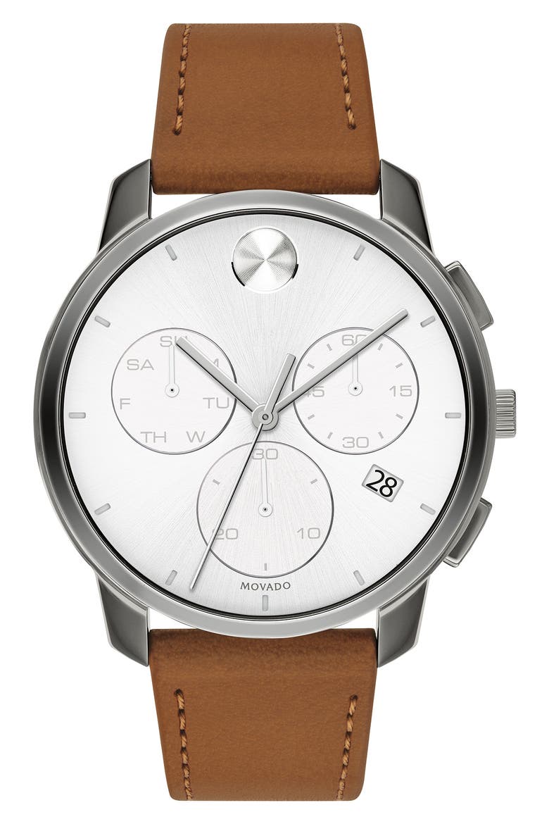 Bold Chronograph Leather Strap Watch, 42mm, Main, color, COGNAC/ WHITE/ GUNMETAL