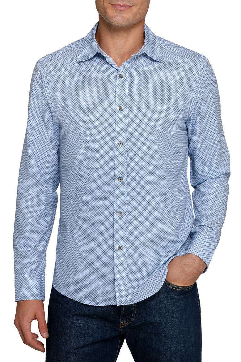 Slim Fit Geometric Print Performance Button-Up Shirt, Main, color, BLUE/GREEN