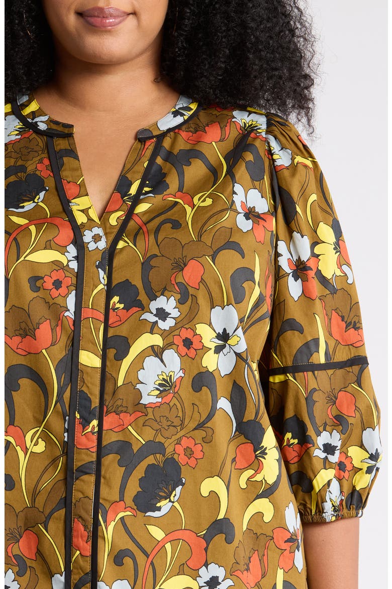 Floral Print Split Neck Cotton Top, Alternate, color, BROWN MULTI