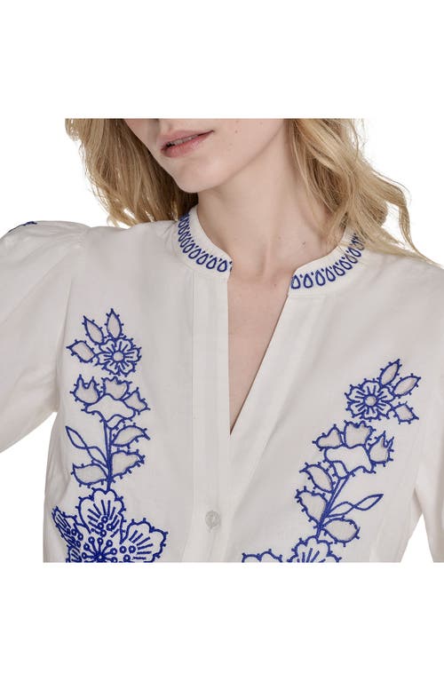 Eliza J Petite Embroidered Belted Button-front Cotton Dress In Blue