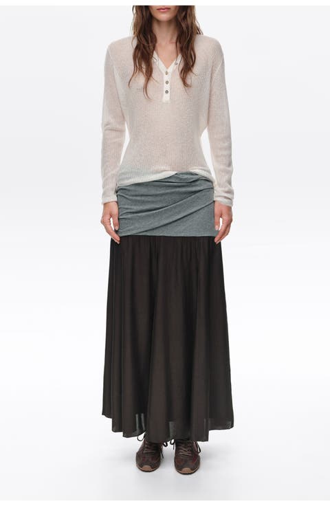Mixed-Fabric A-Line Midi Skirt