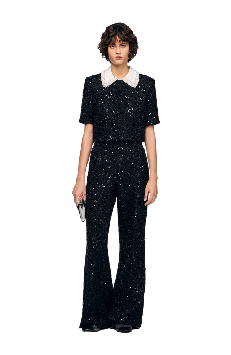 SANDRO Rhinestone tweed trousers, Alternate, color, Black