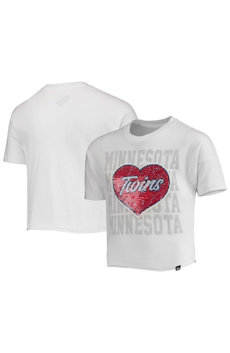 New Era Girls Youth New Era White Minnesota Twins Flip Sequin Heart Crop Top, Main, color,