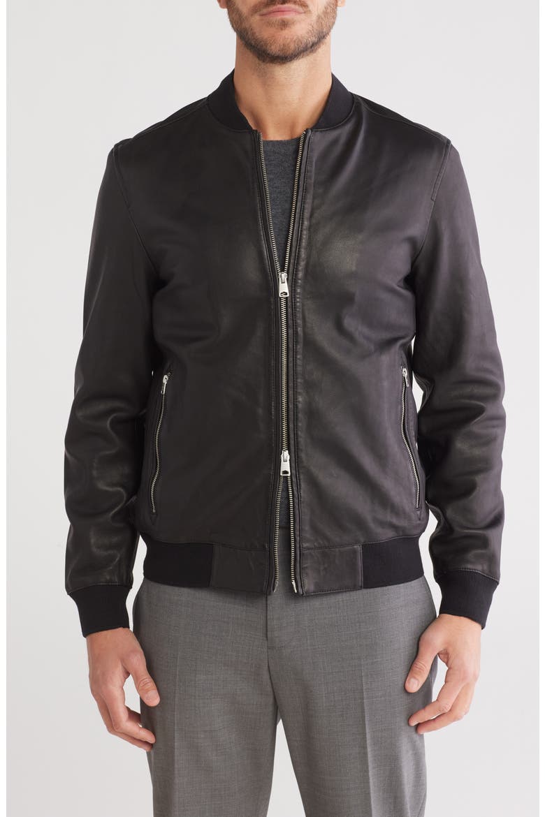 Niko Leather Bomber Jacket, Main, color, BLACK