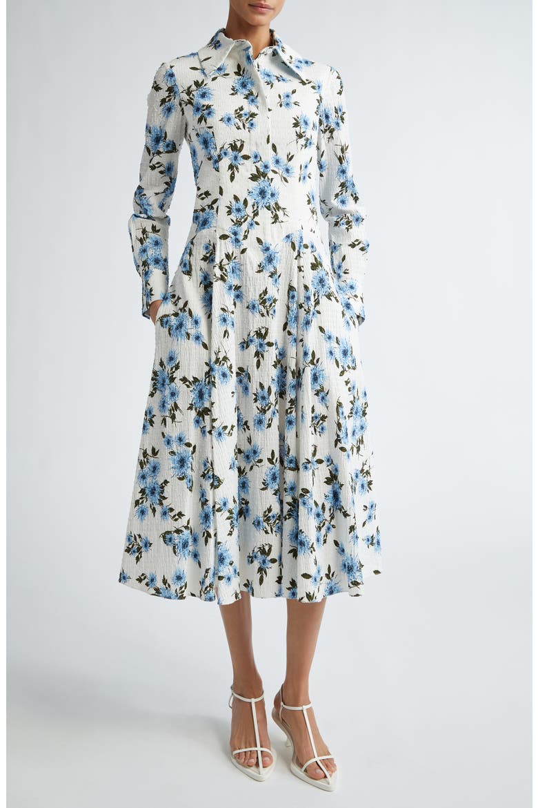 Jancine Dahlia Print Clip Dot Long Sleeve Seersucker Dress, Main, color, SMALL DAHLIA BABY BLUE